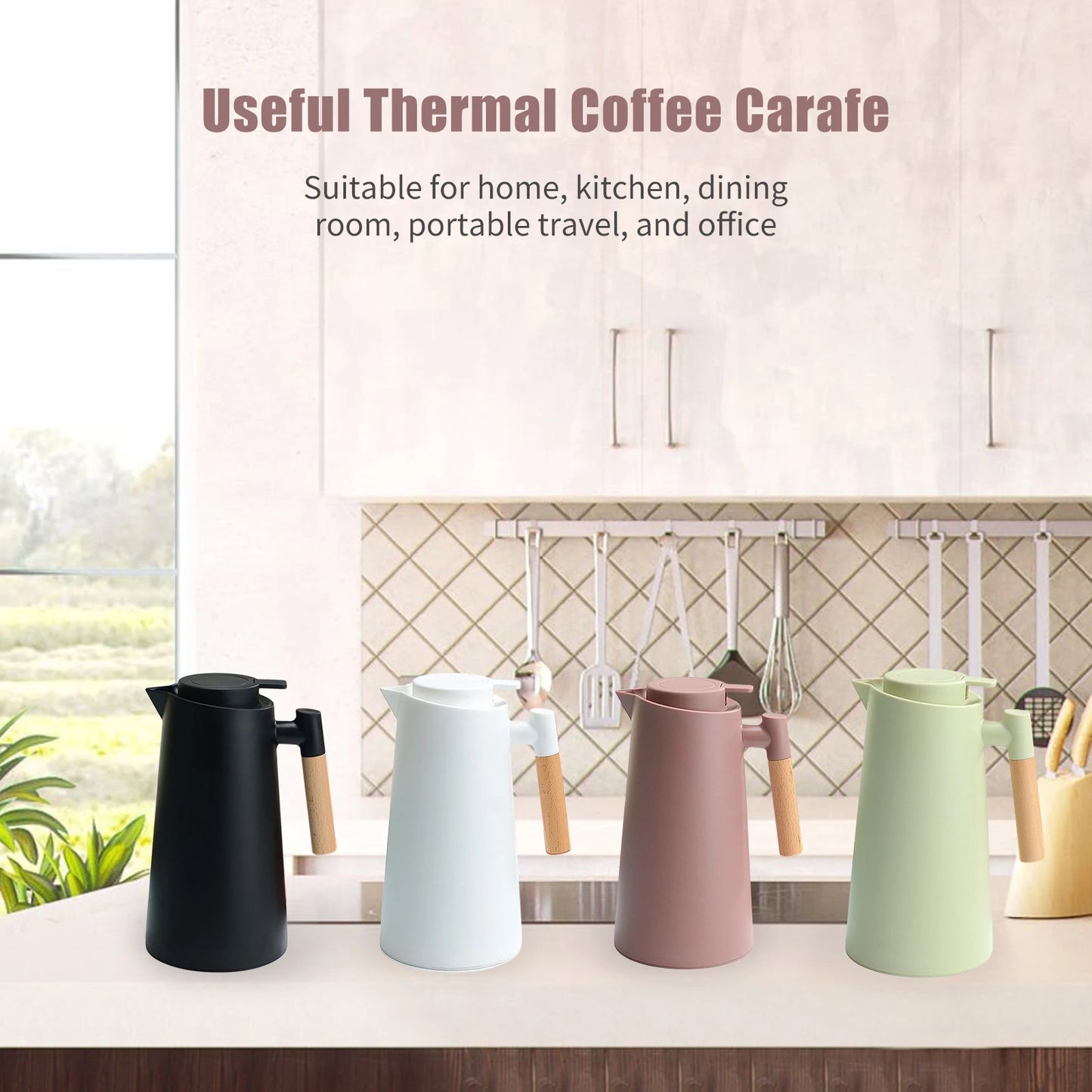 1L Thermal Coffee Carafe Double Walled Vacuum Coffee Pot Thermos Pot With Wood Handle Kettle Insulated Carafe Keeping Hot Cold