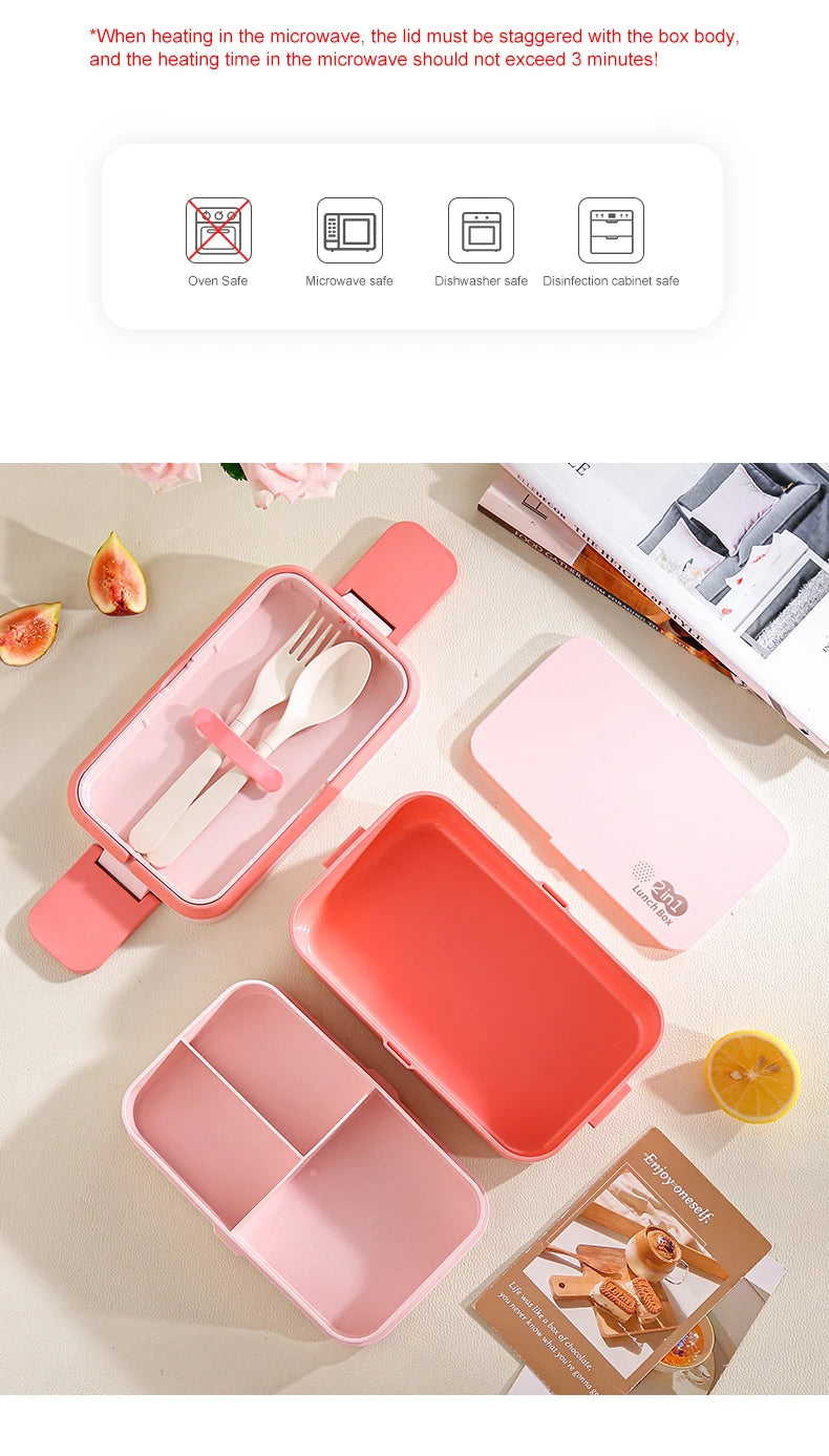 Portable Lunch Box Bamboo Fiber 3in1 Double Layer Bento BOX Microwave Spoon Fork Women Girl School Kid Picnic Lunch Box