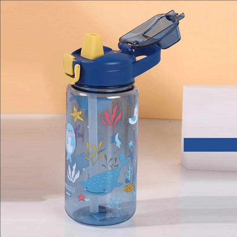 600ml Cartoon Animal Water Bottle Portable Safety Lock Cute Straw Cup Kids Leak-proof Drinking Jug For Outdoor Camping Travel