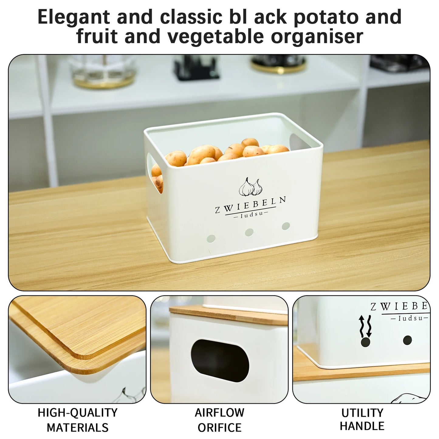 SIAZIH 3 Pcs Onion Garlic Potato Storage Box Multipurpose Vegetable Metal Container with Bamboo Lid and Ventilation Holes