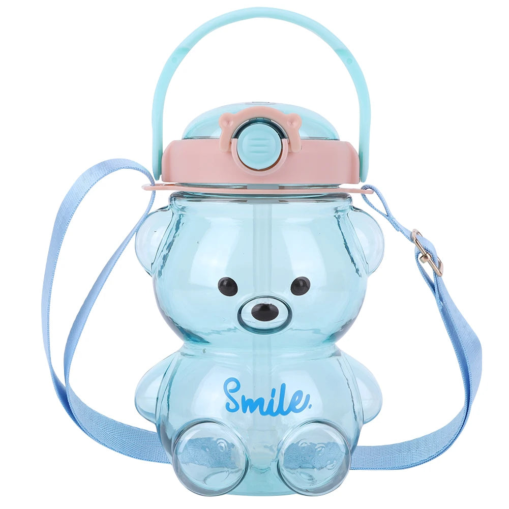 1000/1400ml Bear Water Bottle with Shoulder Strap Straw Sports Water Jug Leak-Proof Travel Straw Cup for Boys Girls Daily Use