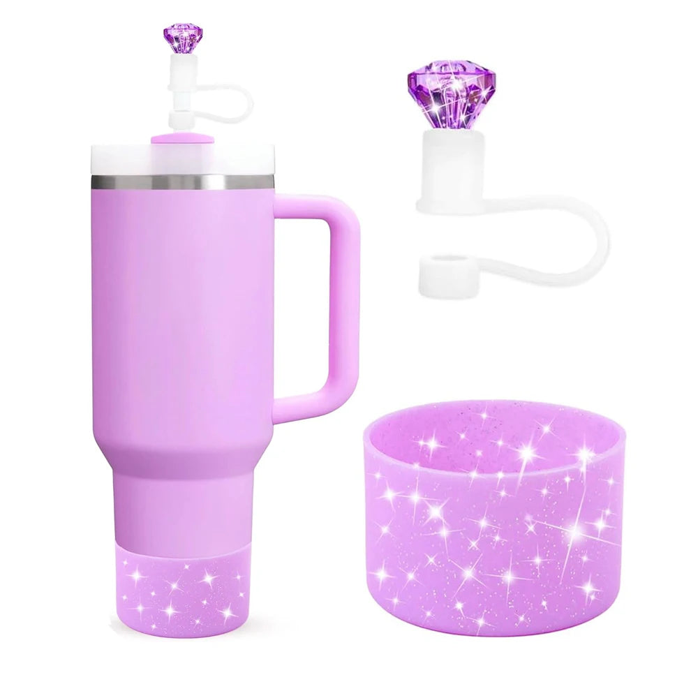 2pcs Accessories for 30oz 40oz Tumbler Cup Including 10mm Diamond Straw Cover and Silicone Glitter Protective Boot for Gift