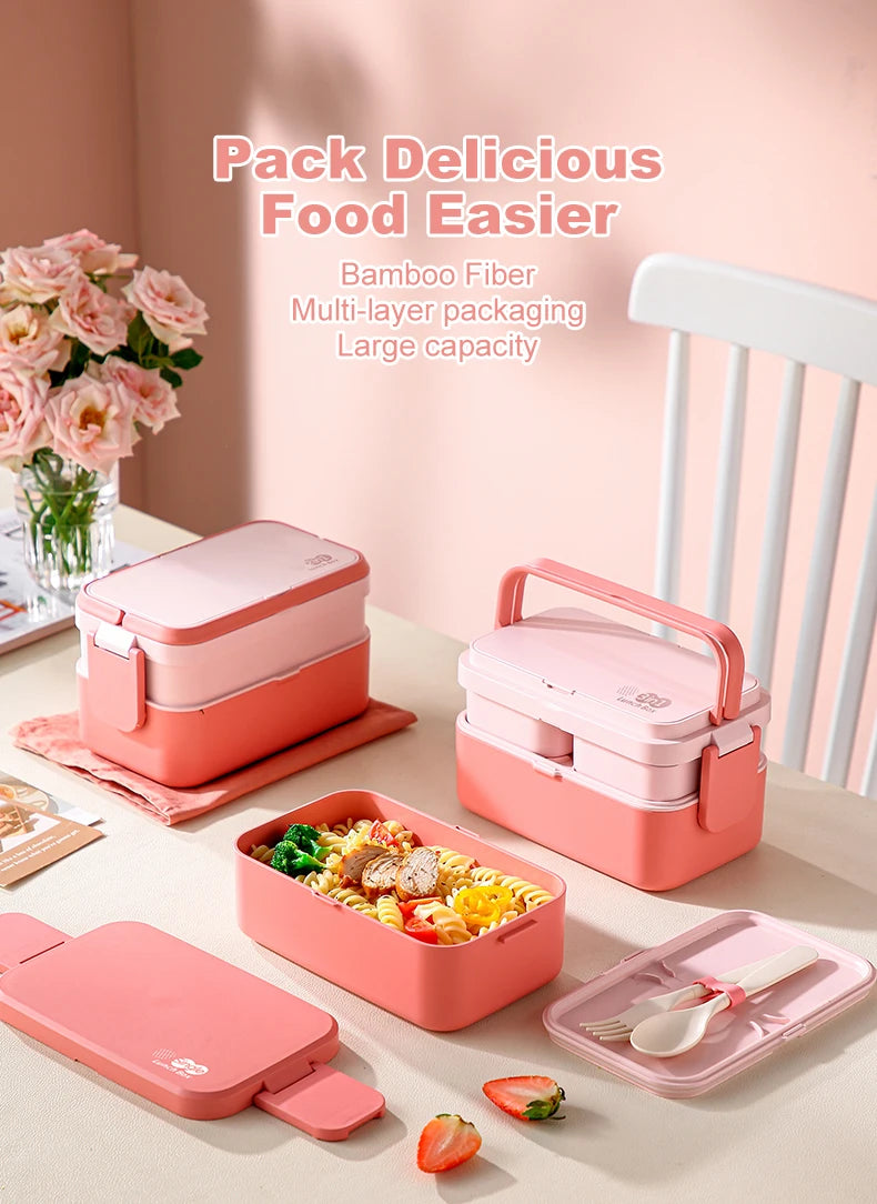 Tragbare Lunchbox aus Bambusfaser, 3-in-1, doppellagig, Bento-Box, mikrowellengeeignet, Löffel und Gabel, für Damen und Mädchen, Schulkinder, Picknick-Lunchbox