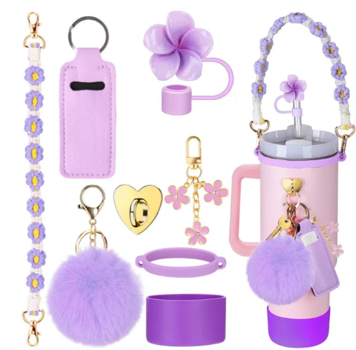 7Pcs Accessory Set For Stanley Cup Pink Flower Water Bottle Handle Strap Straw Protect Cover Fashion Charms Pendant Decoration