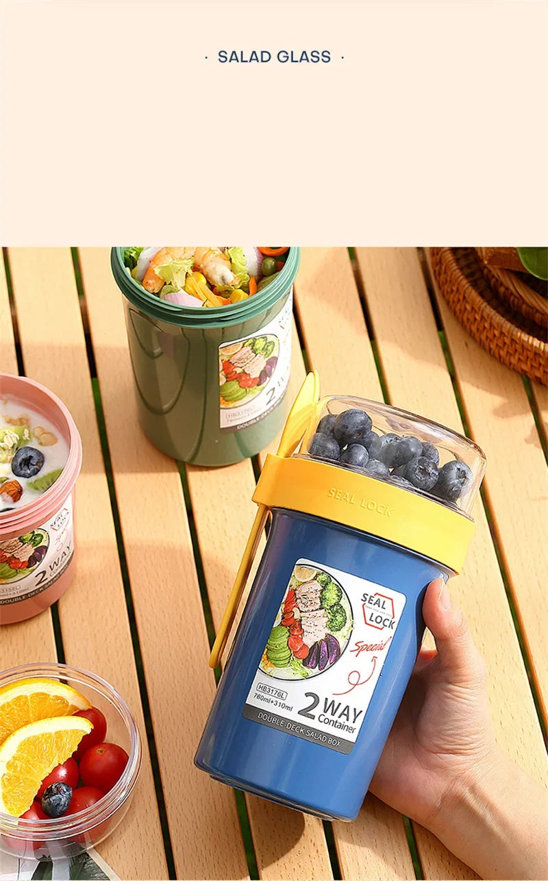 790ml/990ml Salad Oatmeal Cup Breakfast Double Cup Cereal Nut Yogurt Container Set With Dressing Holder Fork Meal Preparation