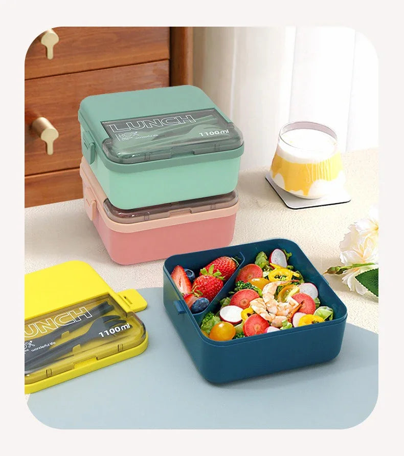 1100ML/1800ML 2 layer Compartment Lunch Box For Kids With Fork and Spoon Microwave Bento Boxes Portable Food Storage Container