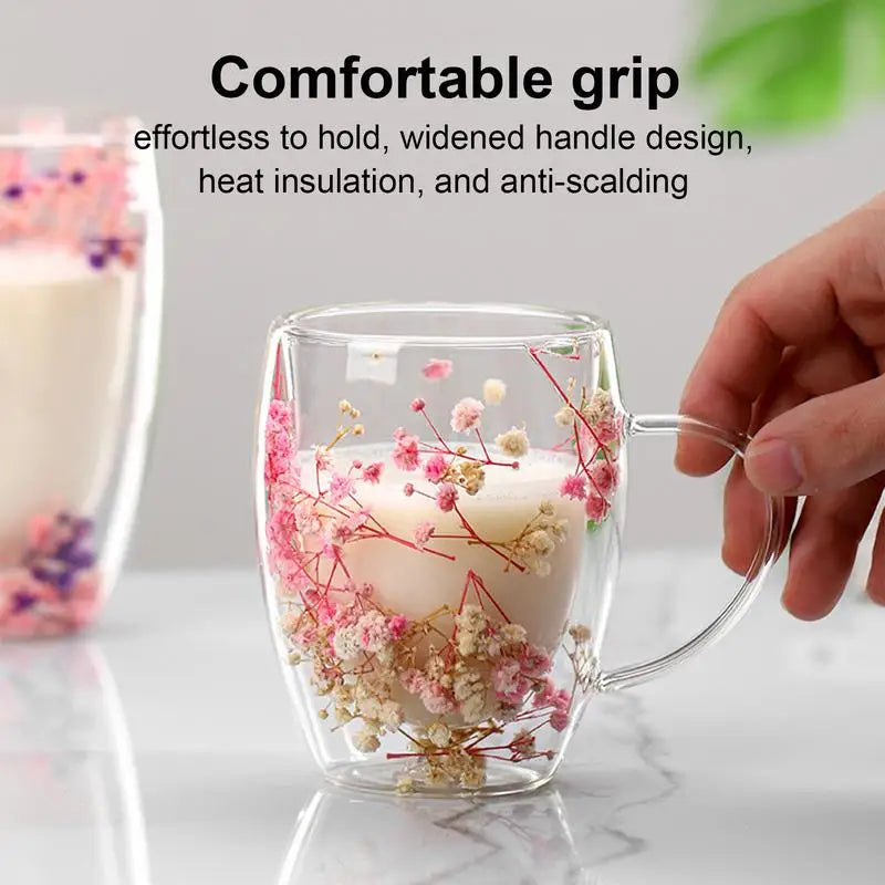 Double Wall Glass Dry Flowers Cup 350ml Insulated Coffee Mugs Dual Layered Glass Cups with Handle Elegant Dried Flowers milk Cup - Gabriel