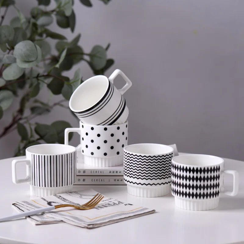 1PCS Nordic Simple Style Black And White Ceramic Mug Creative Polka Dot Striped Coffee Tea Cup Stackable Office Water Cup - Gabriel