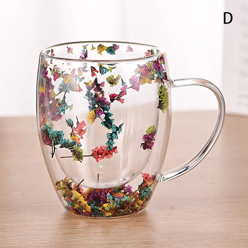 350ml Fillings Dry Flowers Double Wall Glass Cup With Handle Heat Resistant Tea Coffee Cups Espresso Milk Mug Creative Gift - Gabriel