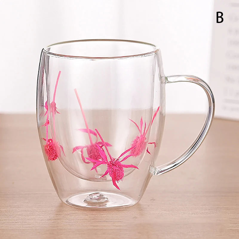 350ml Fillings Dry Flowers Double Wall Glass Cup With Handle Heat Resistant Tea Coffee Cups Espresso Milk Mug Creative Gift - Gabriel