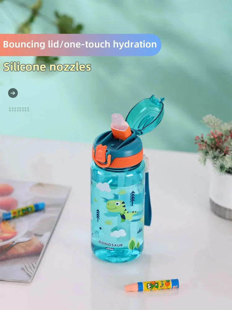 600ml Dinosaur Water Bottle For Kids Water Sippy Cup With Silicone Straw Leakproof Plastic Water Bottles Summer Kids Water Cup