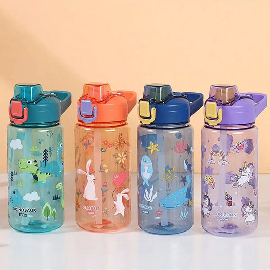 1pc 600Ml Student Sippy Cup Water Bottles Creative Cartoon Feeding With Straws And Lids Spill Proof Portable Beverage cups