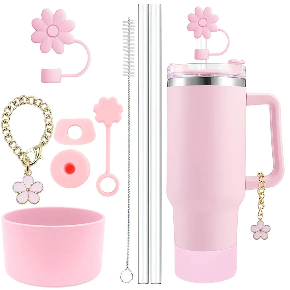 Cup Accessories for Stanley Set of 9, 2 Straw and Brush and 1 Flower Charm Chain 3 Spill Proof Stopper Flowers Straw Cover Boot