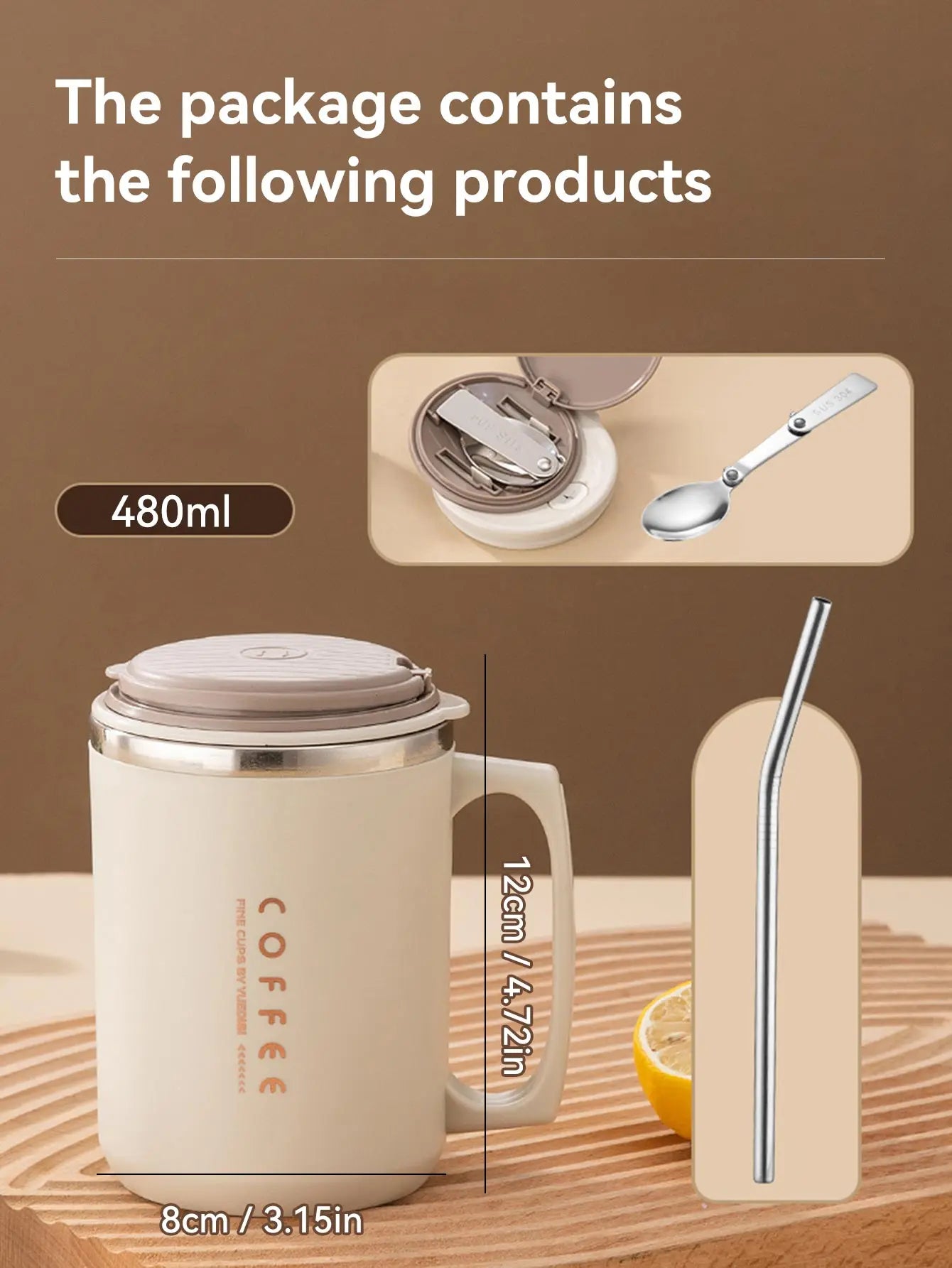 WORTHBUY 480ML Coffee Cups With Straw&Spoon 304 Stainless Steel Reusable Portable Leak-proof Coffee Milk Mug Drinking Cup