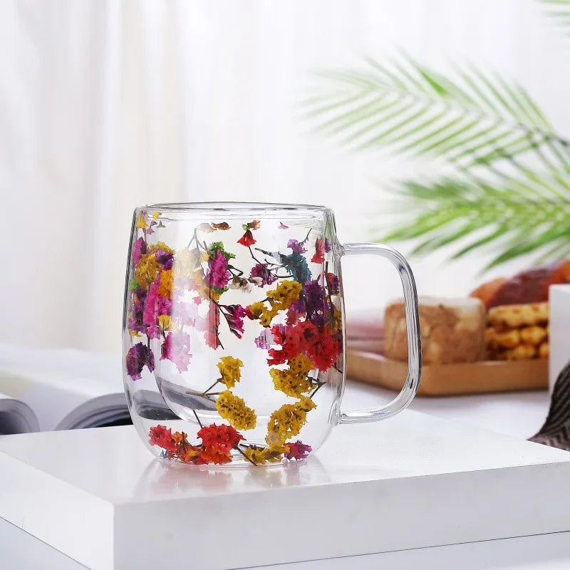 250ml / 350ml Double Wall Glass Cup Dry Flowers Insulated Flowers Espresso Cup Coffee Mugs Dual Layered Glass Cups Dried Flowers - Gabriel