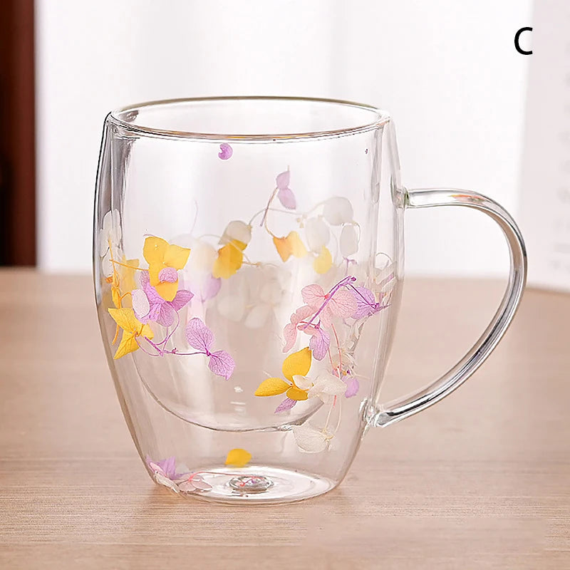 350ml Fillings Dry Flowers Double Wall Glass Cup With Handle Heat Resistant Tea Coffee Cups Espresso Milk Mug Creative Gift - Gabriel