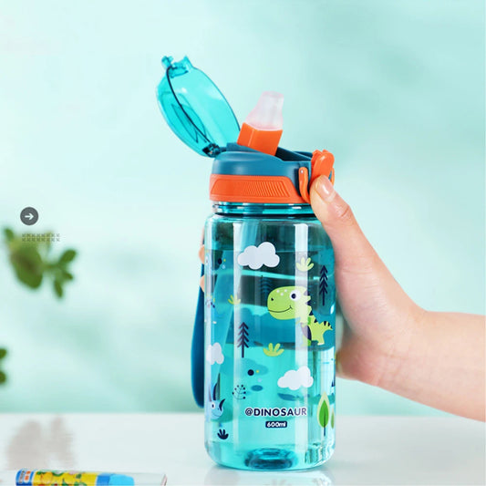 600 ml Dinosaurier-Wasserflasche für Kinder, Schnabeltasse mit Silikon-Strohhalm, auslaufsichere Plastikwasserflaschen, Sommer-Wasserbecher für Kinder