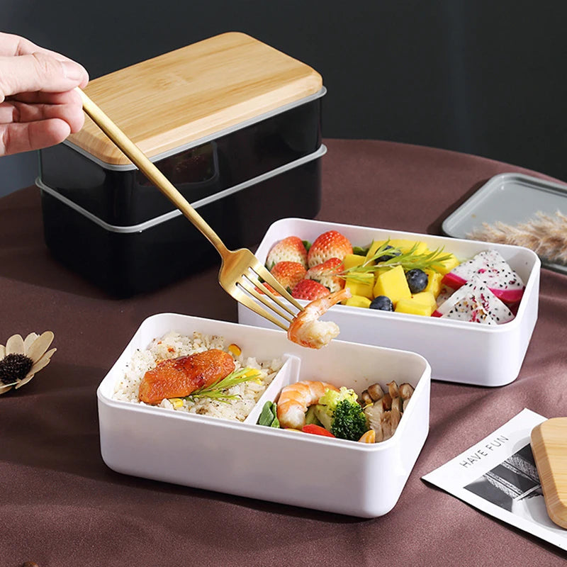 Wooden Grain Lunch Box Large Capacity Double Layer Sealed Leak Proof Microwave Oven Bento Box Food Storage Portable Tableware