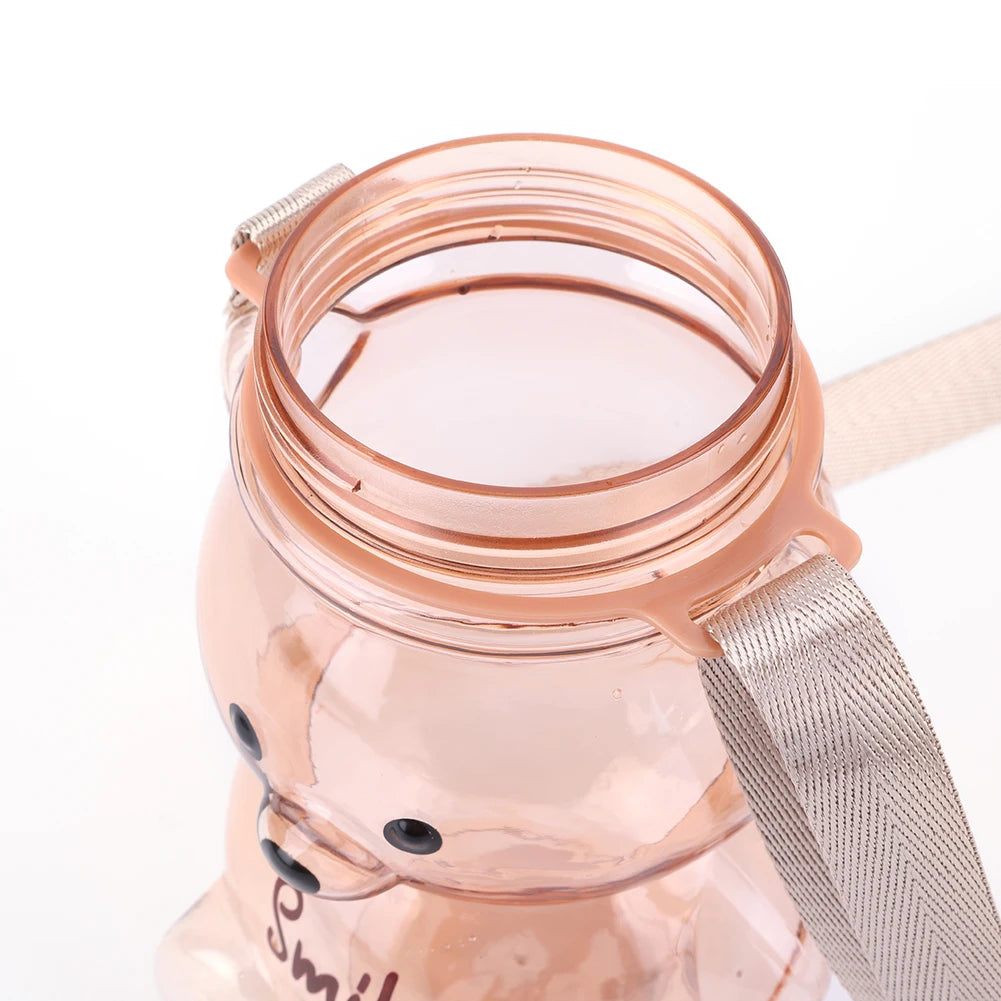 1000/1400ml Bear Water Bottle with Shoulder Strap Straw Sports Water Jug Leak-Proof Travel Straw Cup for Boys Girls Daily Use