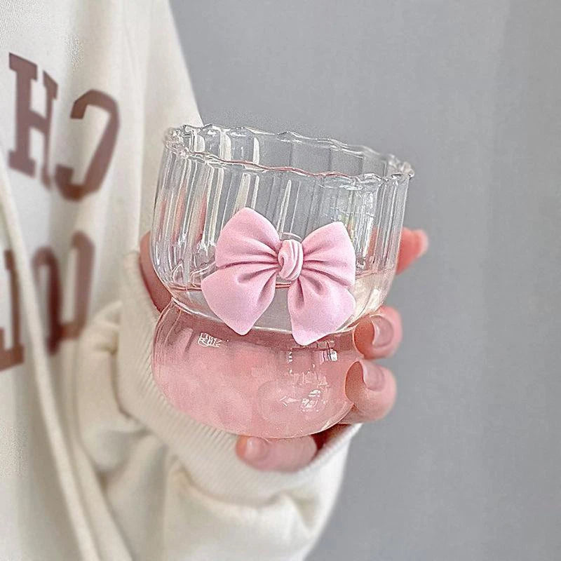 Pink Bow Glass Cute Water Cup Cartoon Bow Glass Cup Striped Cute Doodle Coffee Mug Household Fruit Tea Lemonade Girls Gift - Gabriel