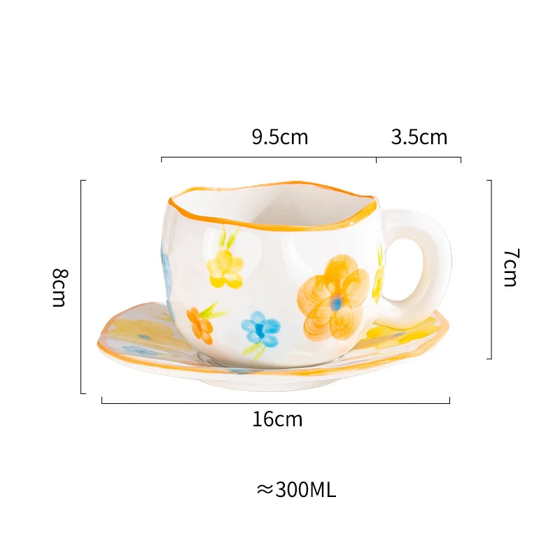 Creative Ceramic mug Hand-painted Flower Clouds Coffee Cup with Saucer Irregular Handmade Cup Breakfast Milk Tea Cups Gift Set - Gabriel