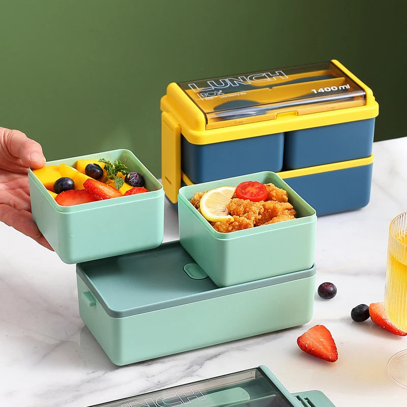 Plastic Compartmentalized Lunch Box Can Be Microwave Heated Office Worker Lunch Box with Double Compartmentalized Tableware