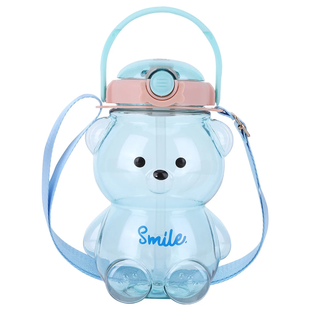 1000/1400ml Bear Water Bottle with Shoulder Strap Straw Sports Water Jug Leak-Proof Travel Straw Cup for Boys Girls Daily Use