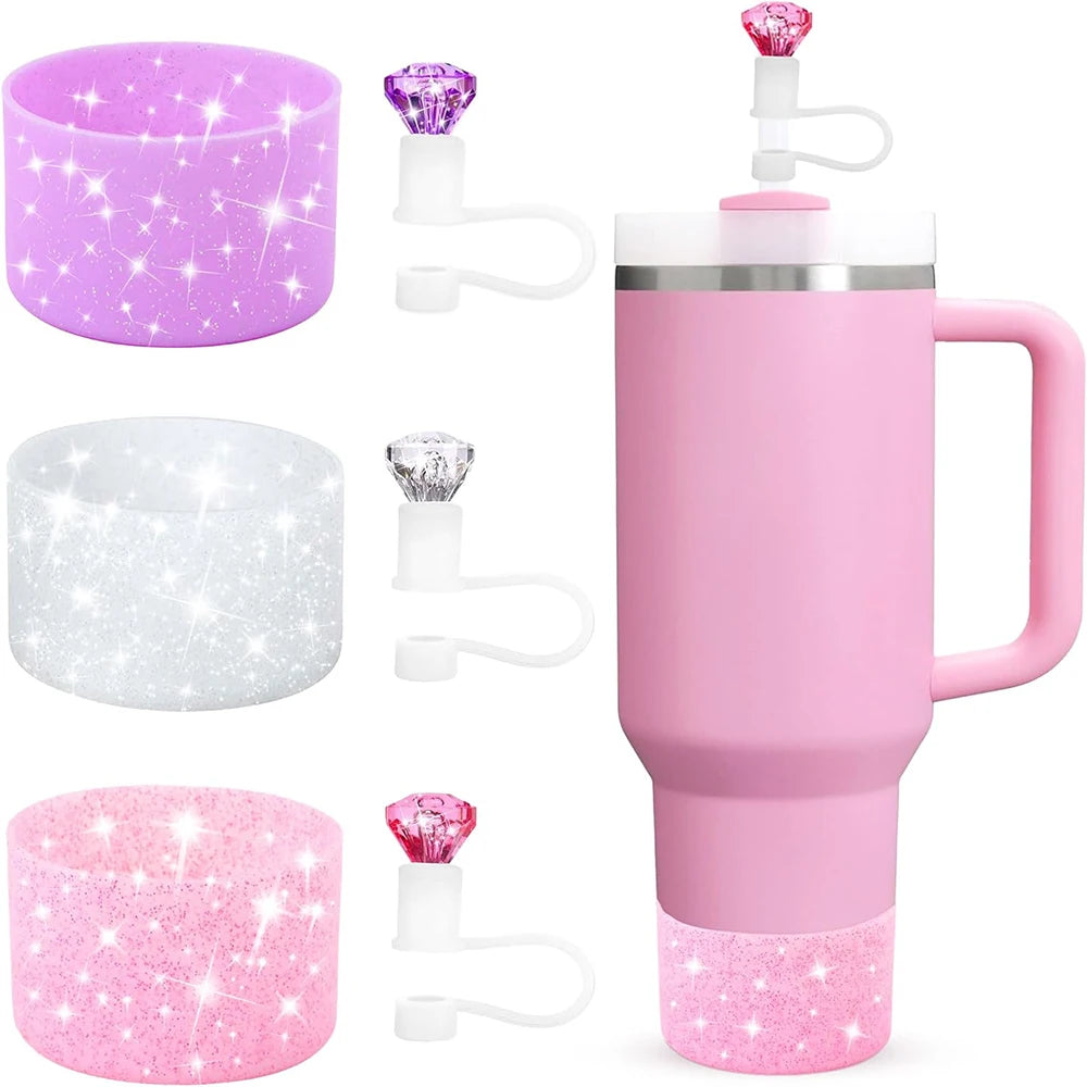 2pcs Accessories for 30oz 40oz Tumbler Cup Including 10mm Diamond Straw Cover and Silicone Glitter Protective Boot for Gift