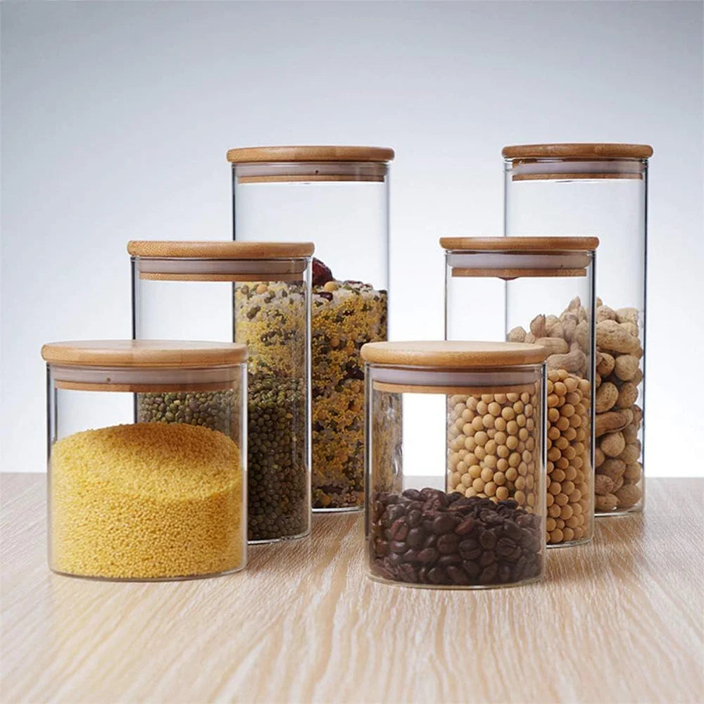 5pc 950ml 550ml Food Storage sealing jar Clear Glass Jar With Bamboo Lid Airtight Can Sealed Canister Food Storage Container