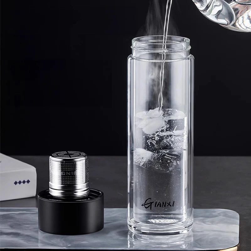 Glass Water Bottle With Tea Strainer and Magnetic Cup Lid Heat-Resistant Water Cup Portable Leak-Proof Office Household Tea Cup