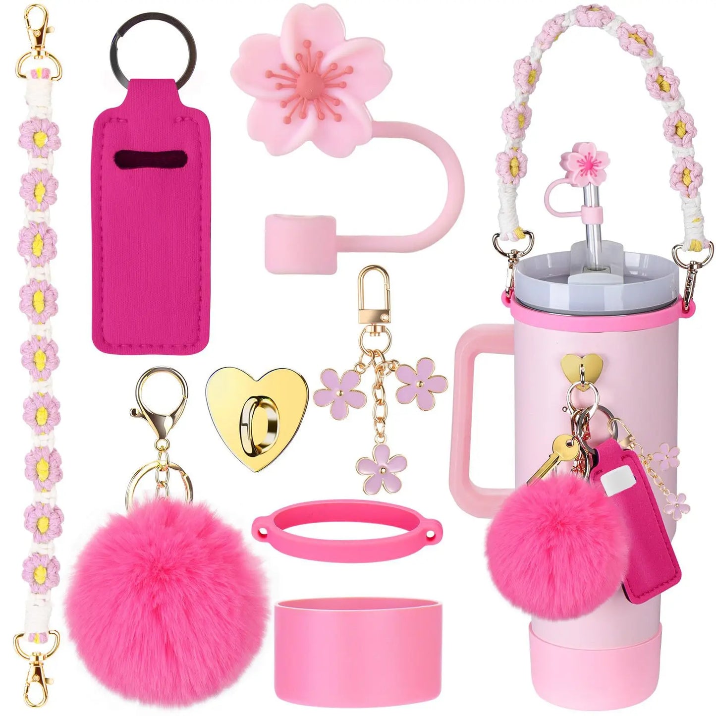 7Pcs Accessory Set For Stanley Cup Pink Flower Water Bottle Handle Strap Straw Protect Cover Fashion Charms Pendant Decoration