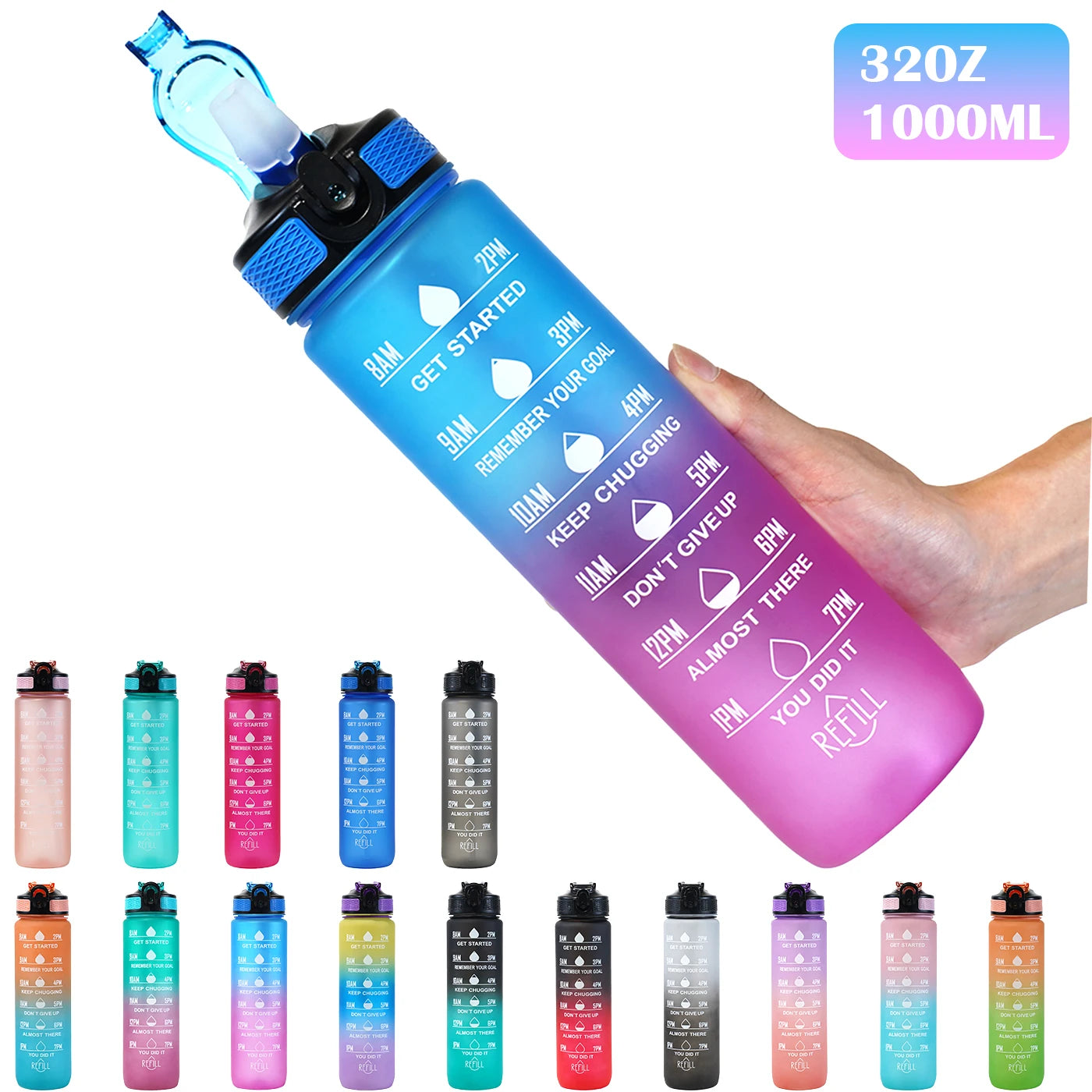 1L Water bottle 12 colors Leak Proof with Time Mark Drink and Straw Motivational Drinking Sports Water Bottle for Outdoor Hiking