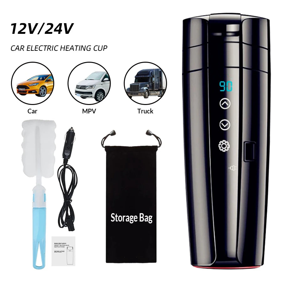 E-ACE 12V Portable Car Heating Cup 400ml Stainless Steel Touch screen Digital Display Water Warmer Bottle Thermos cup Car Kettle