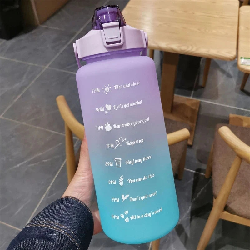 2L Outdoor Large Capacity Sport Water Bottle Creative Plastic Cup Bounce Cover Outdoor Leakproof Straw Cup with Time Marker