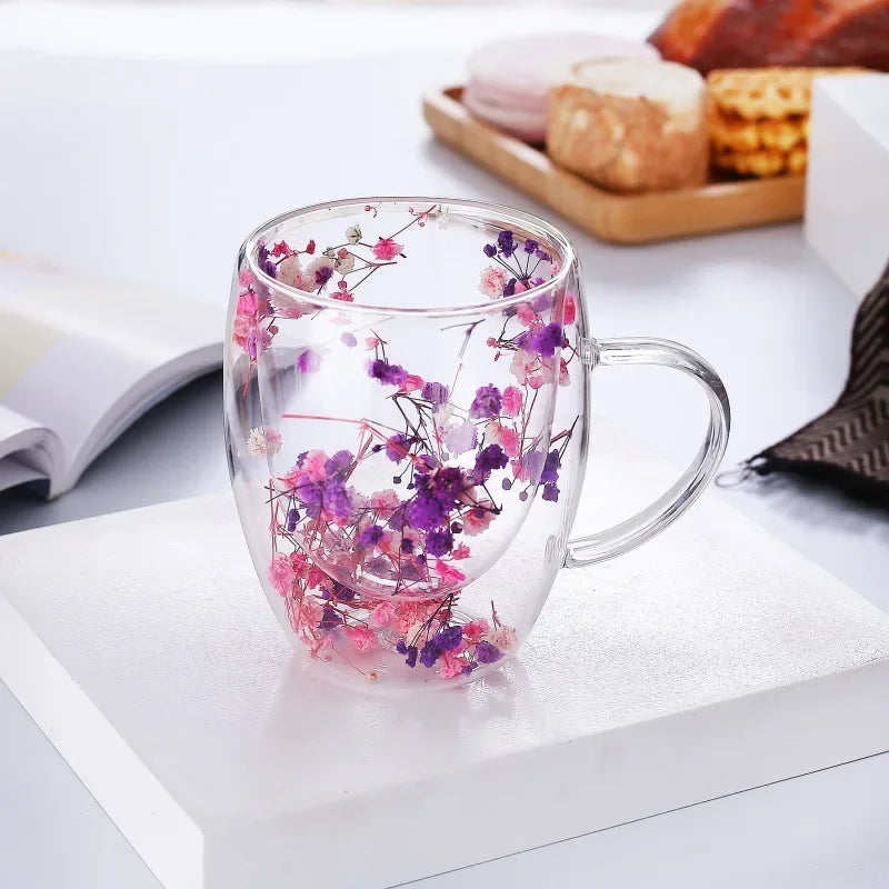 250ml / 350ml Double Wall Glass Cup Dry Flowers Insulated Flowers Espresso Cup Coffee Mugs Dual Layered Glass Cups Dried Flowers - Gabriel