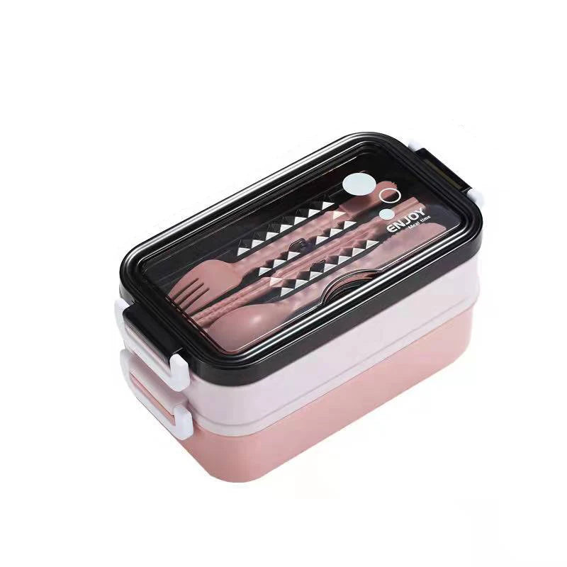 1pc 1400ml Double-layer Lunch Box Portable Compartment Food Box Microwave Lunch Box With Fork Chopsticks And Spoon Picnic Fresh