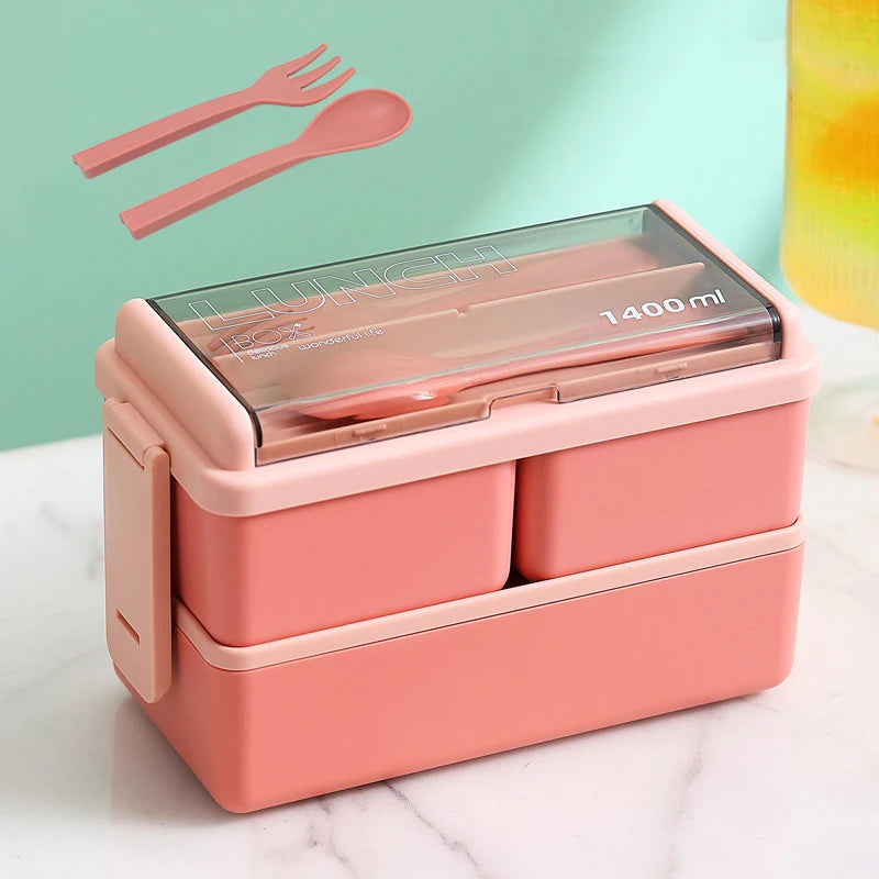 Double Layer Portable Lunch Box For Kids With Fork and Spoon Microwave Bento Boxes Dinnerware Set Food Storage Container