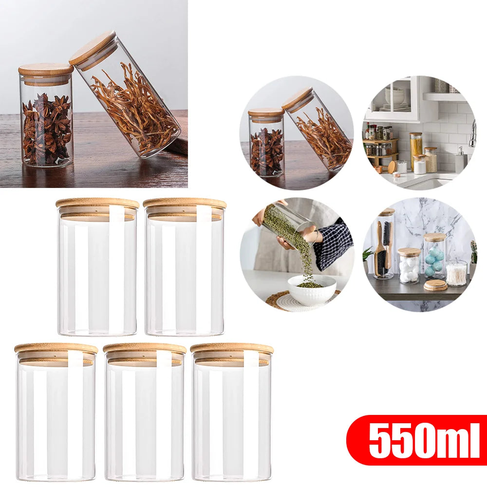 5pc 950ml 550ml Food Storage sealing jar Clear Glass Jar With Bamboo Lid Airtight Can Sealed Canister Food Storage Container