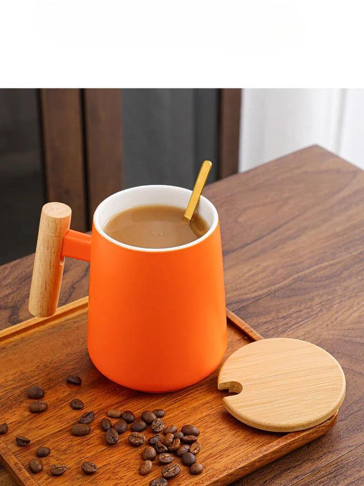 450ml Nordic Ceramic Coffee Mug with Lid and Sppon Wooden Handle Office Water Cup Creative Coffee Cup Milk Mugs Gift Drinkware - Gabriel