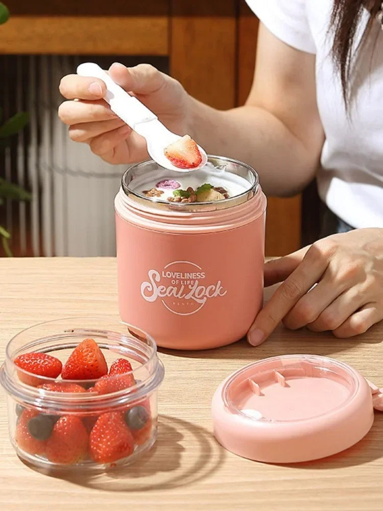 Portable Stainless Steel Soup Cup Breakfast Oat Milk Fruit Salad Sealed Bowl with Lid Spoon Insulated Soup Thermos Container