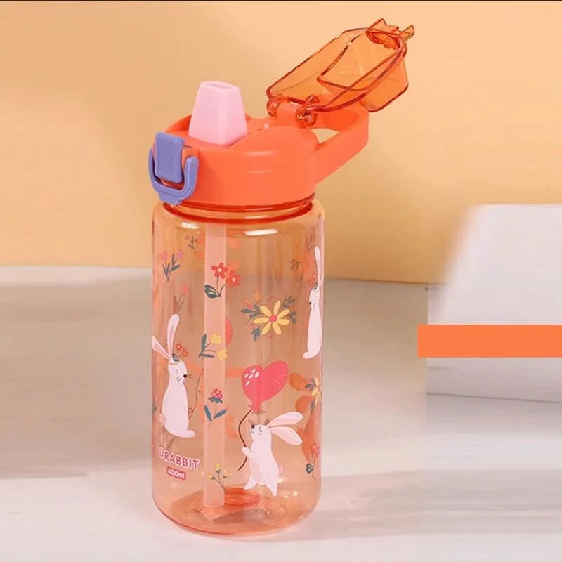 600 ml Cartoon-Tier-Wasserflasche, tragbar, Sicherheitsverschluss, niedlicher Strohbecher, auslaufsicherer Trinkkrug für Kinder, für Outdoor-Camping-Reisen