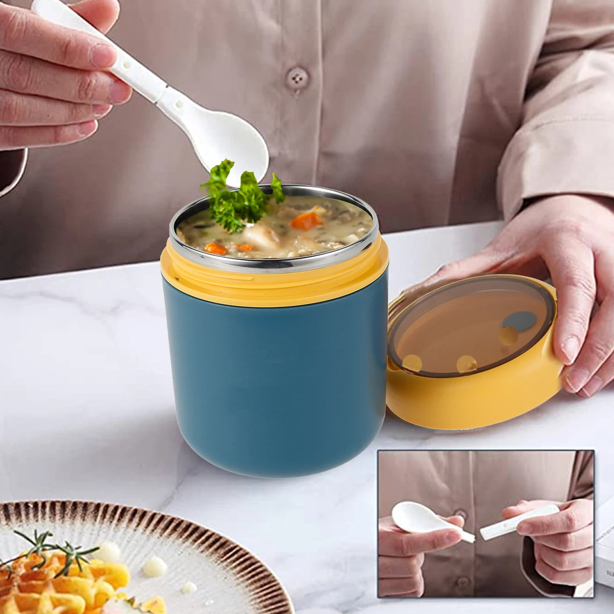 Vacuum Insulated Food Container Stainless Steel Thermal Wide Mouth Food Jar Portable Lunch Thermoses Foldable Spoon Lunchbox