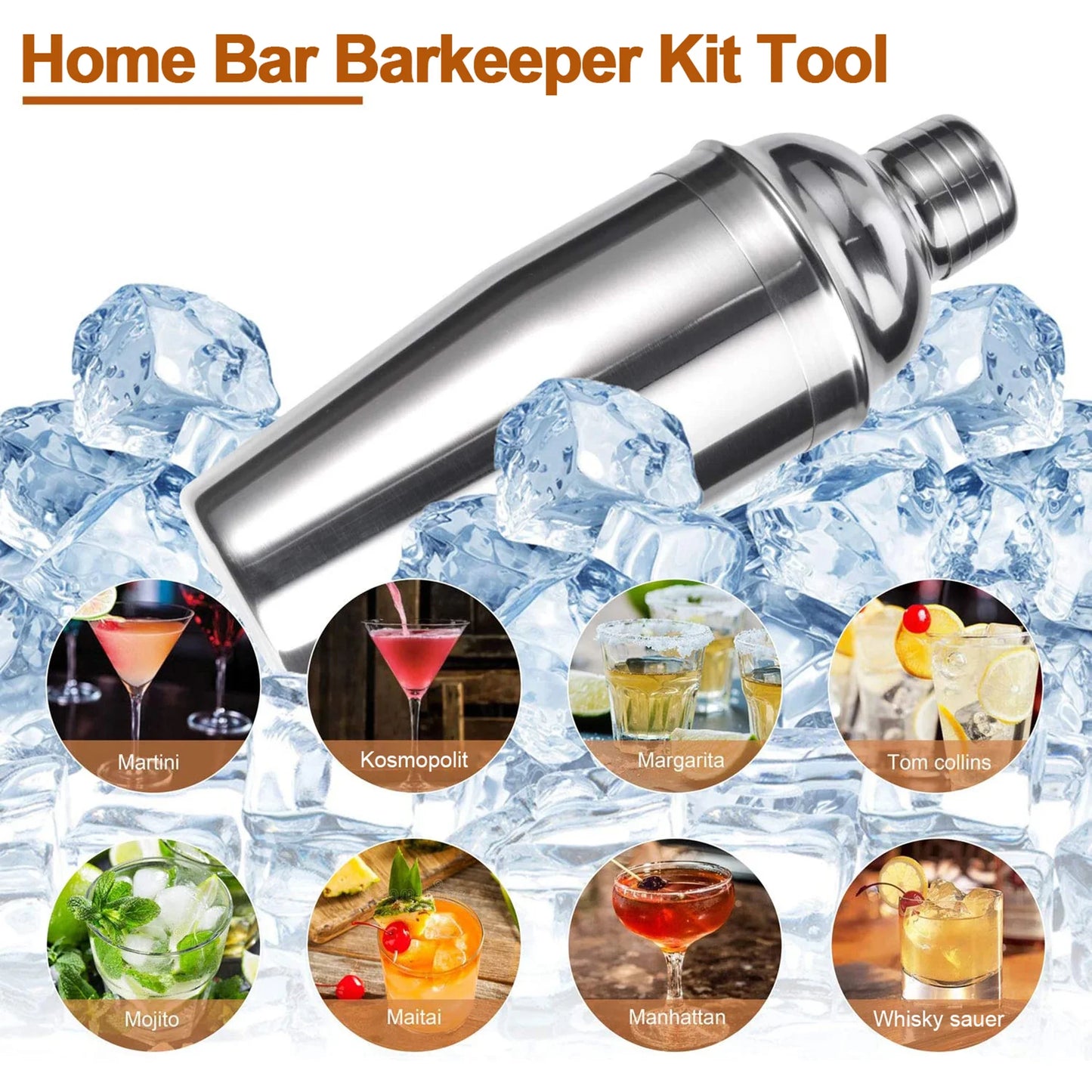 10er Shaker-Set, 750ml Shaker mit Bambusständer, Edelstahl, Cocktail-Kit, Cocktail Mixer, für Bar, Hausparty, Geschenk