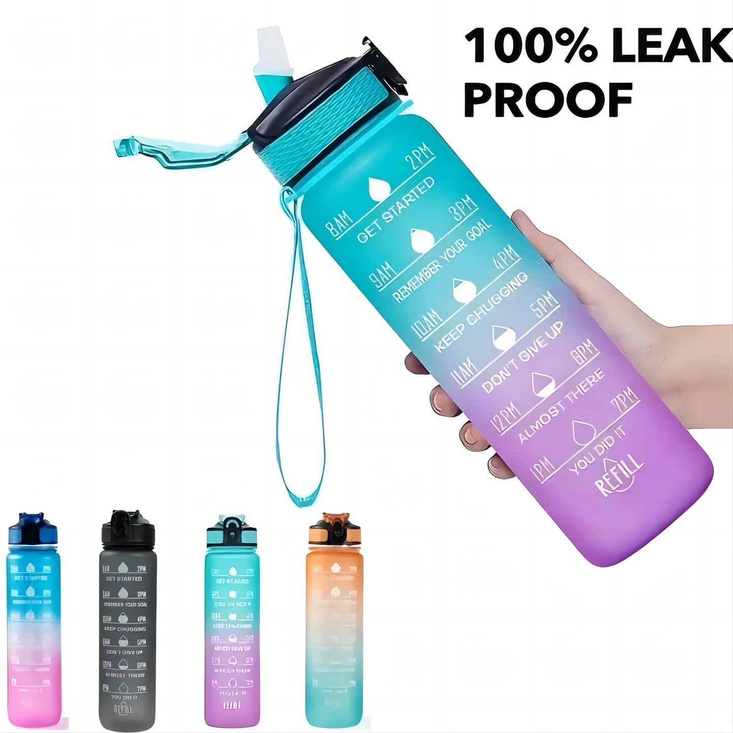 1L Water bottle 12 colors Leak Proof with Time Mark Drink and Straw Motivational Drinking Sports Water Bottle for Outdoor Hiking