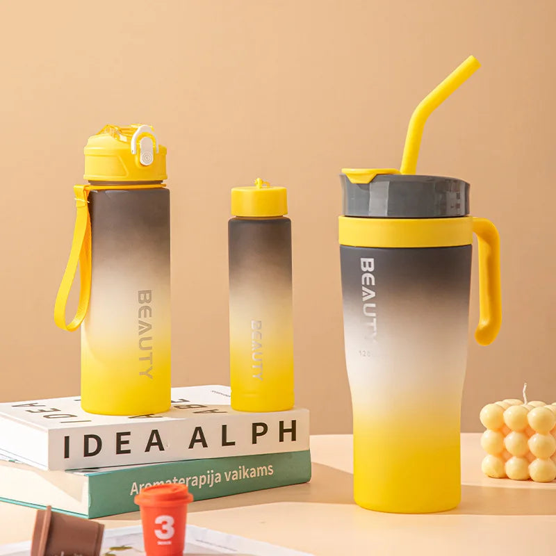 Set 3-in-1 Sports Gradient Water Bottle with Straw Large Capacity with Stylish Handle Drink Bottle water Cup Outdoor