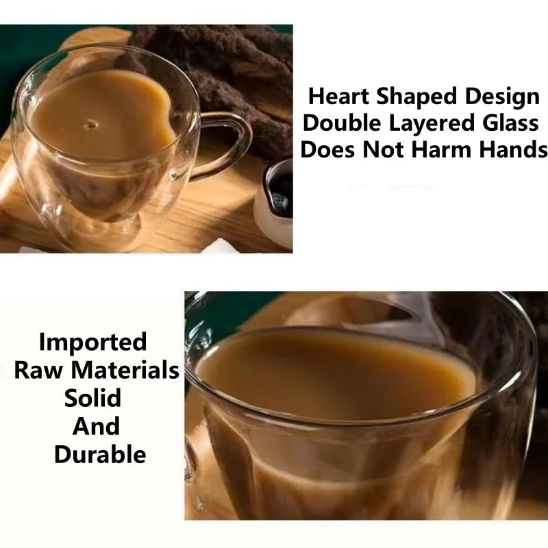 Heart Shaped Mug Double Wall Glass Cup Heat-Resisting Solid Color Wine Glasses Tea Mugs Milk Espresso Coffee Cup for Gift - Gabriel