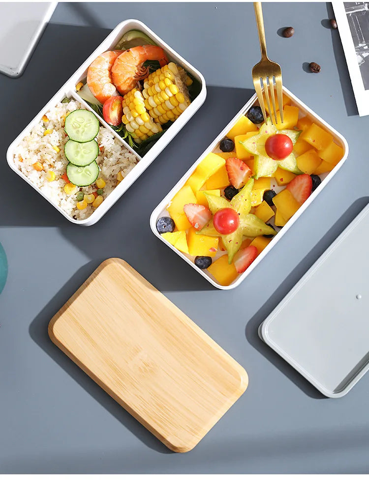 Wooden Grain Lunch Box Large Capacity Double Layer Sealed Leak Proof Microwave Oven Bento Box Food Storage Portable Tableware