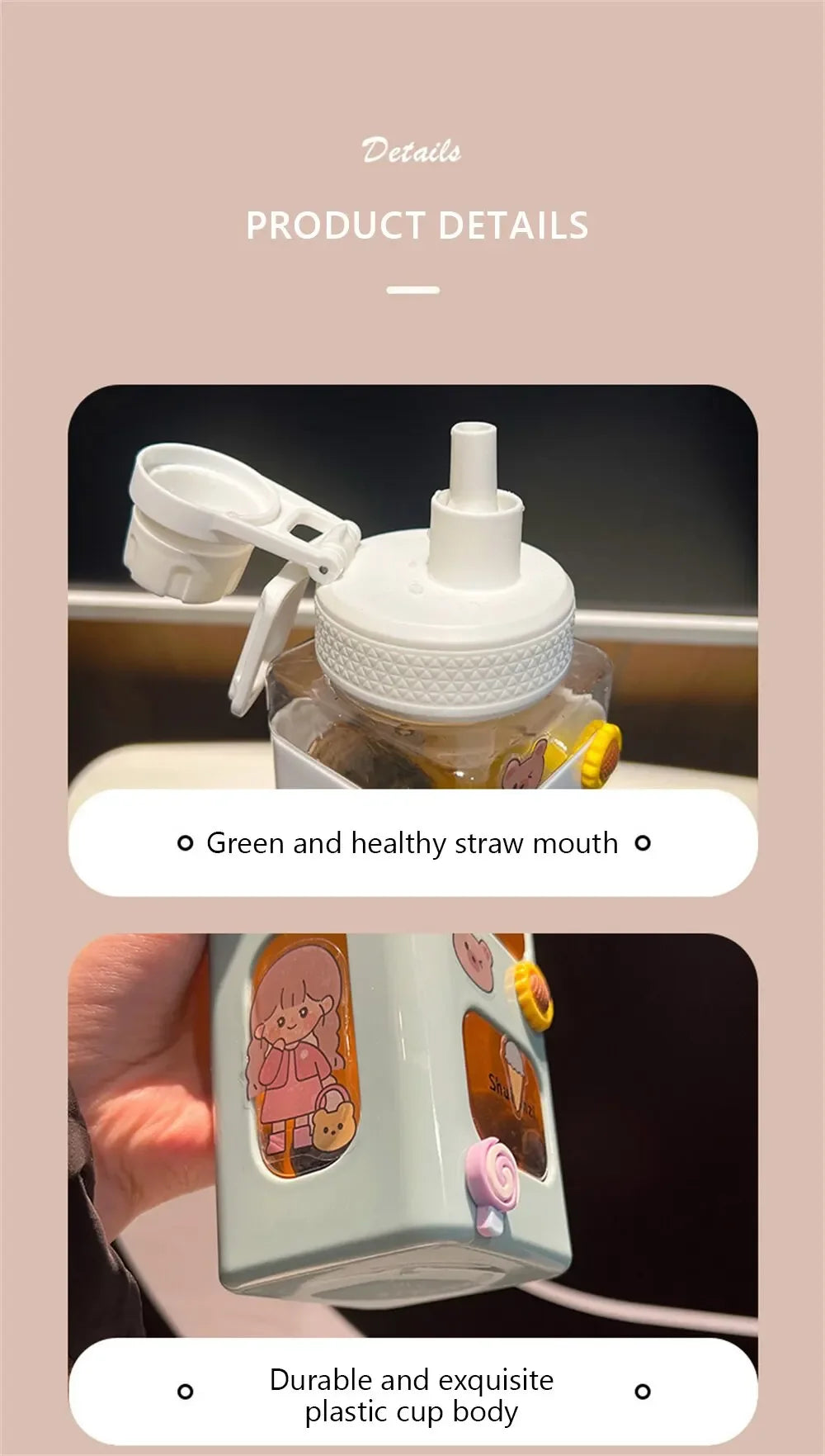 High Quality Water Bottle with Straw 3D Cute Bear Sticker Bpa Free Plastic Square Sippy Cup Portable Drinkware 700ml