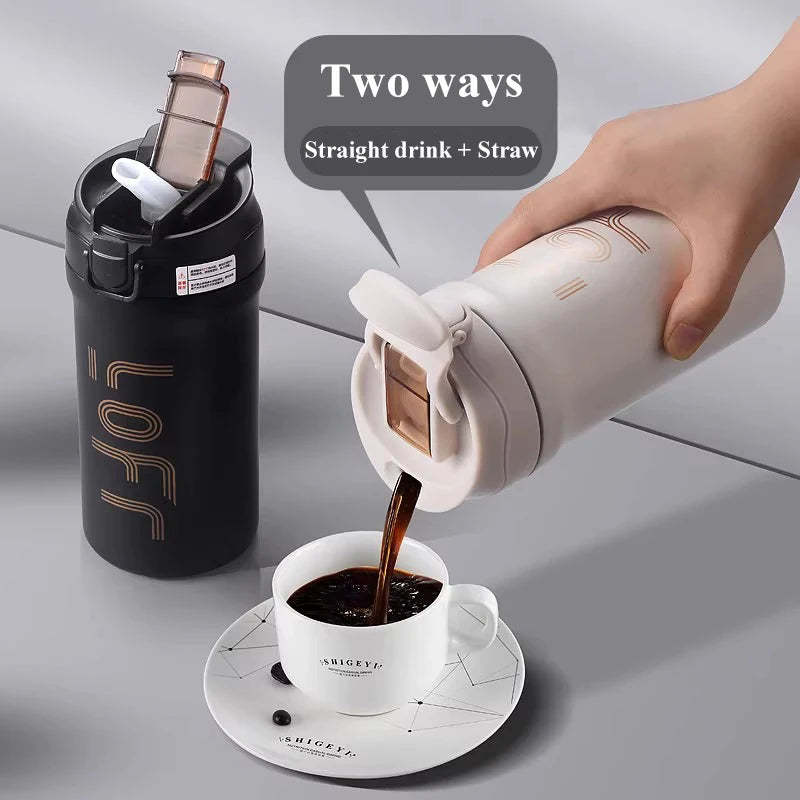 Portable Coffee Cup 316 Stainless Steel Cold Water Hot Water Straw Student Cup Cycling/Outdoor Sports/Travel Leakproof Cup