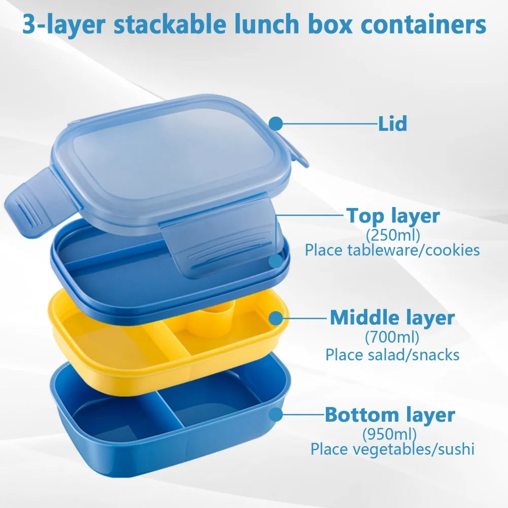 Stackable Bento Box Microwave Lunch Box 3 Layers All-in-One Lunch Containers with Cutlery Set Multiple Grid for Adults & Kids